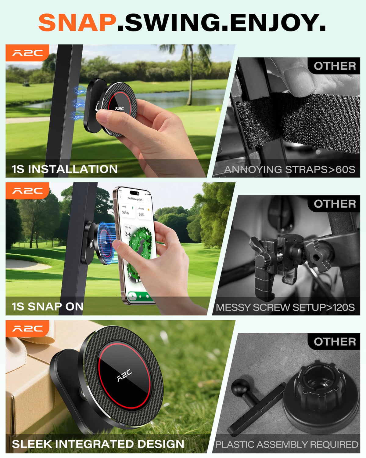 A2C Silver Alloy Magnetic Golf Cart Phone Holder Mount, Golf Accessories