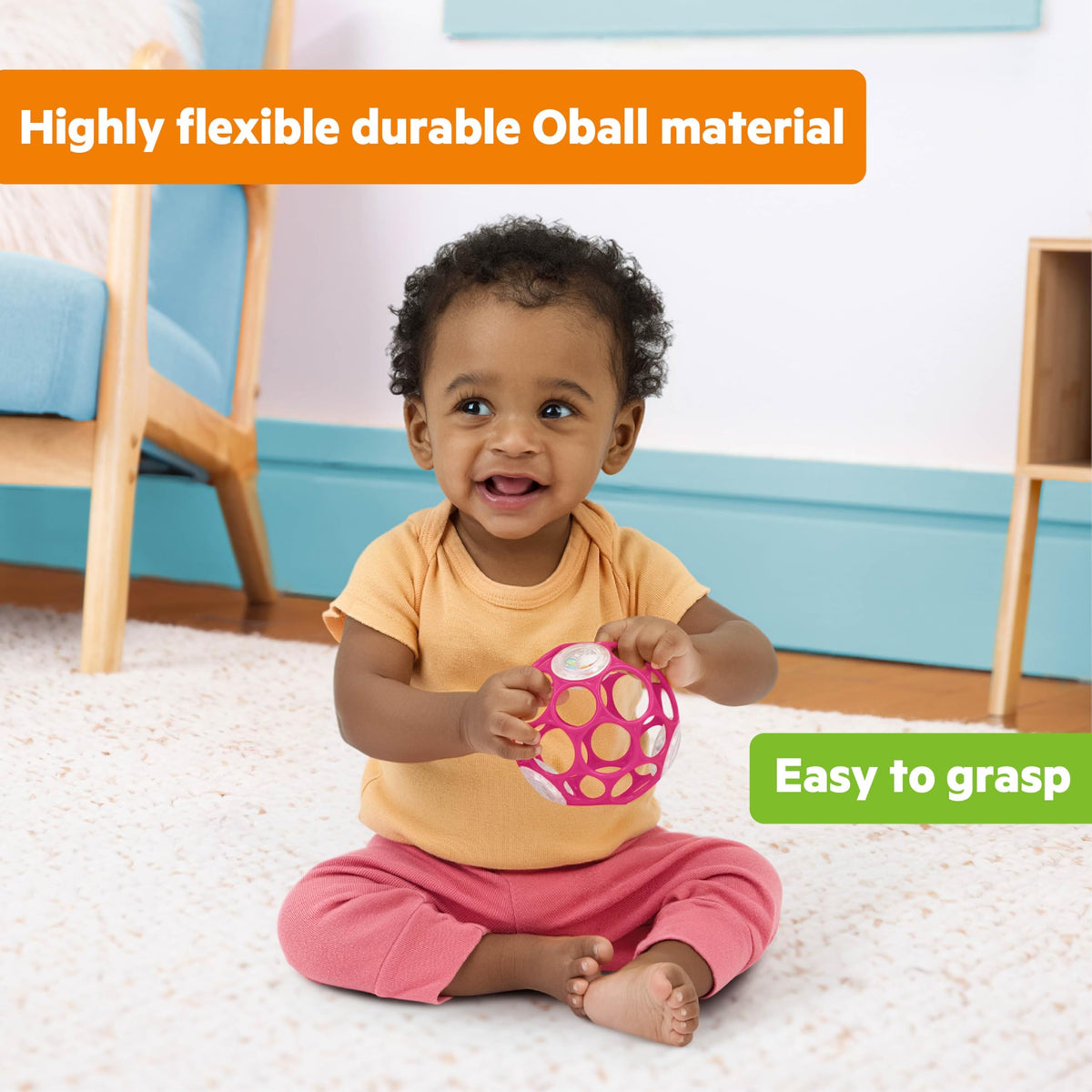 Bright Starts Oball Easy Grasp Classic Ball BPA-Free Infant Toy in Red, Yellow, Green, Blue, Age Newborn and up, 4 Inches