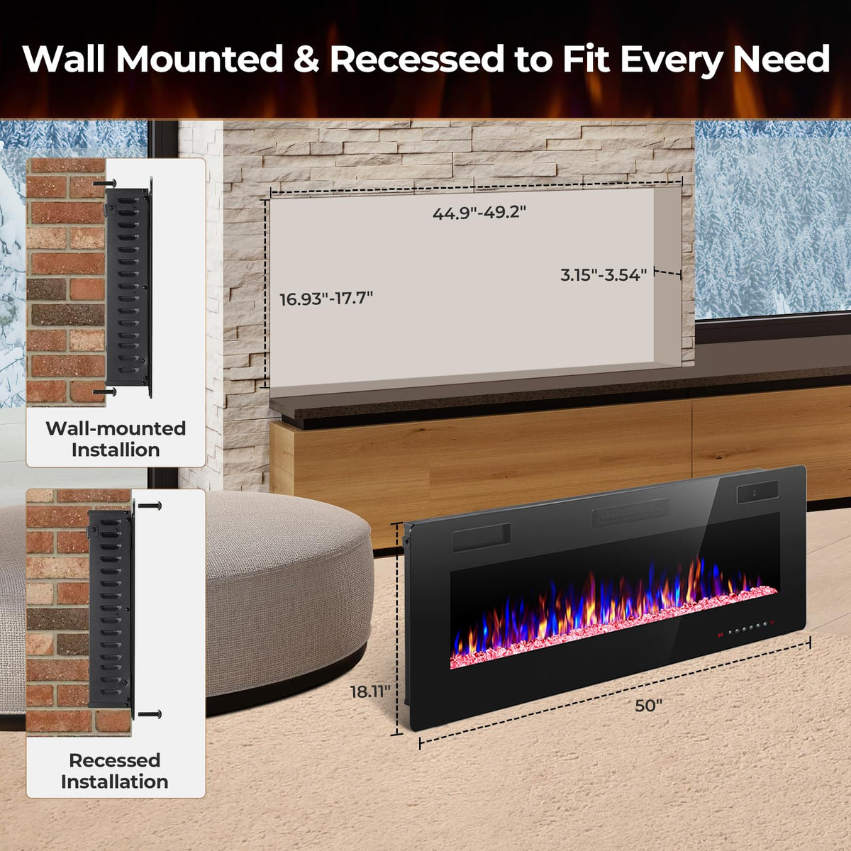 Crzoe 42 Inch Electric Fireplace Insert, in-Wall Recessed and Wall Mounted Heater with Timer, Control by Touch Panel and Remote, Adjustable Flame Color and Speed, 750W/1500W