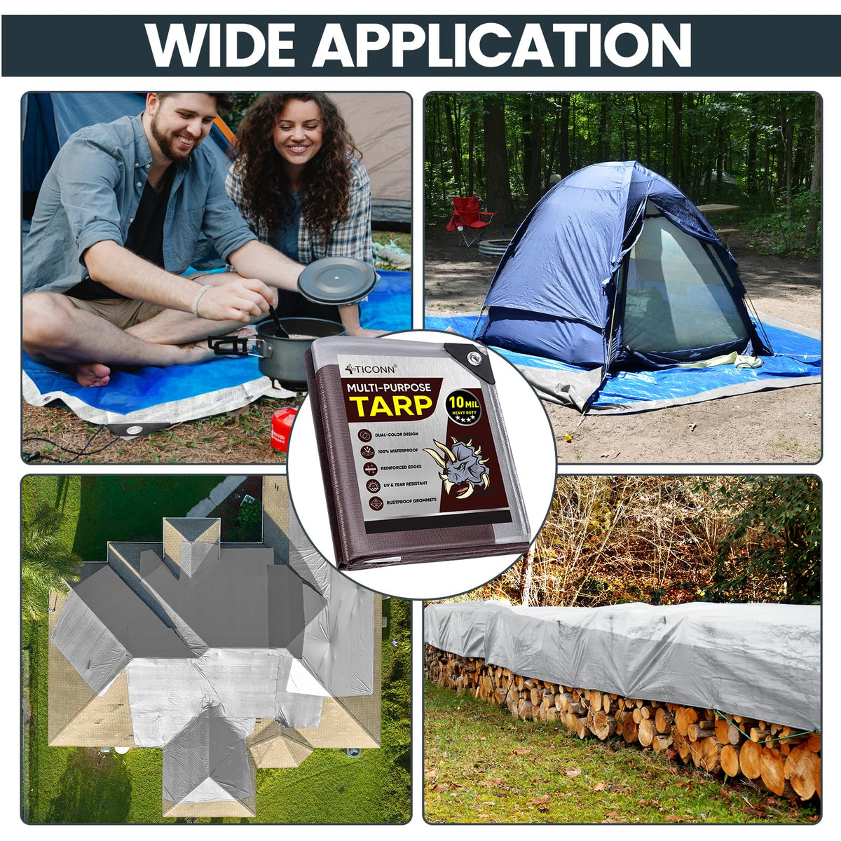 TICONN Heavy Duty Tarp Cover Waterproof, Extra Thick UV Resistant Tarpaulin