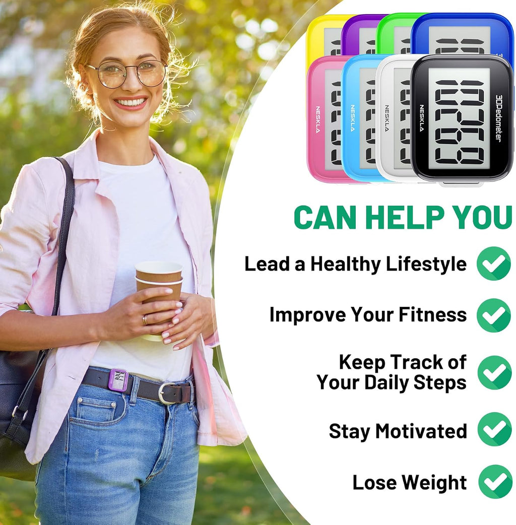 3D Pedometer, Simple Step Counter with Large LCD Display for Walking