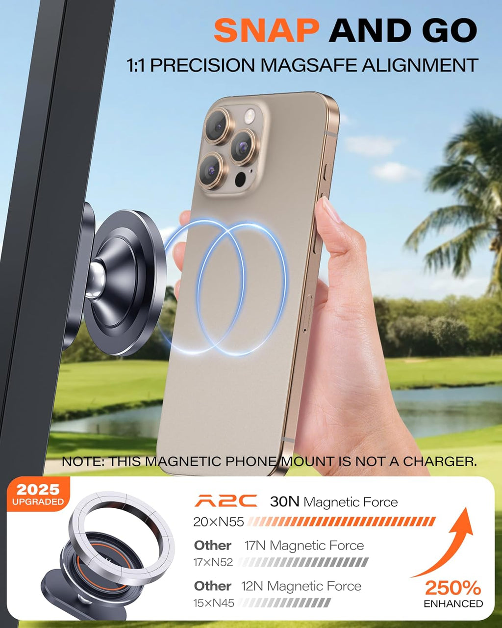 A2C Silver Alloy Magnetic Golf Cart Phone Holder Mount, Golf Accessories