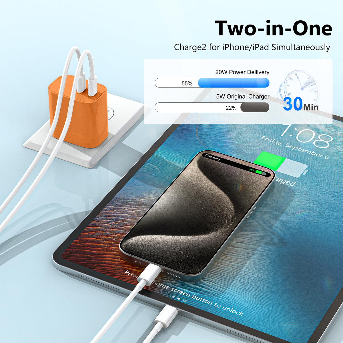 USB C Charger Block 3 Pack, Dual Port 20W Fast Wall Plug (Blue)