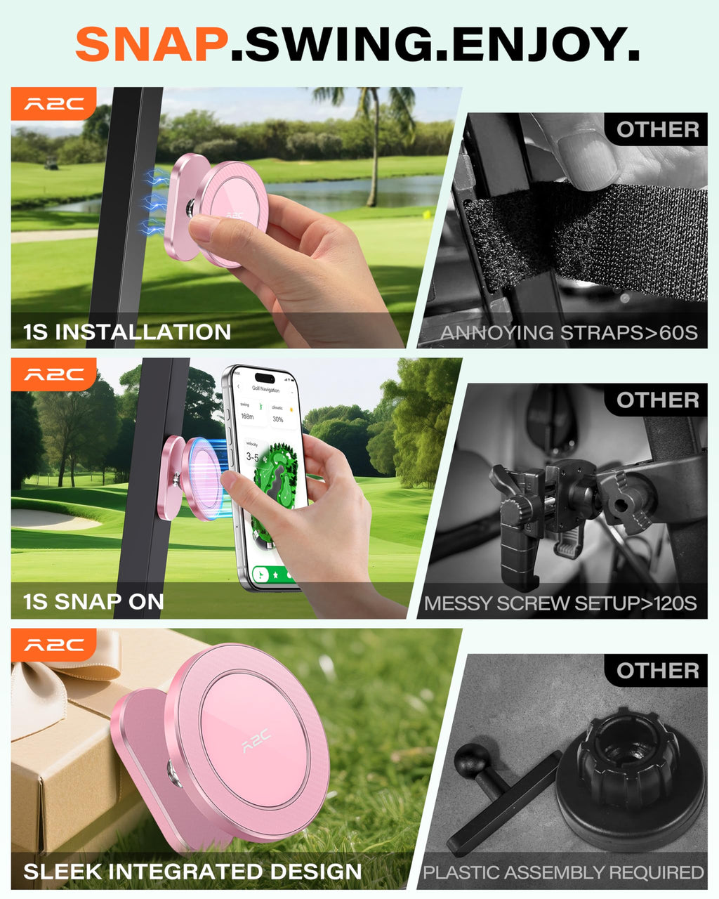 A2C Silver Alloy Magnetic Golf Cart Phone Holder Mount, Golf Accessories