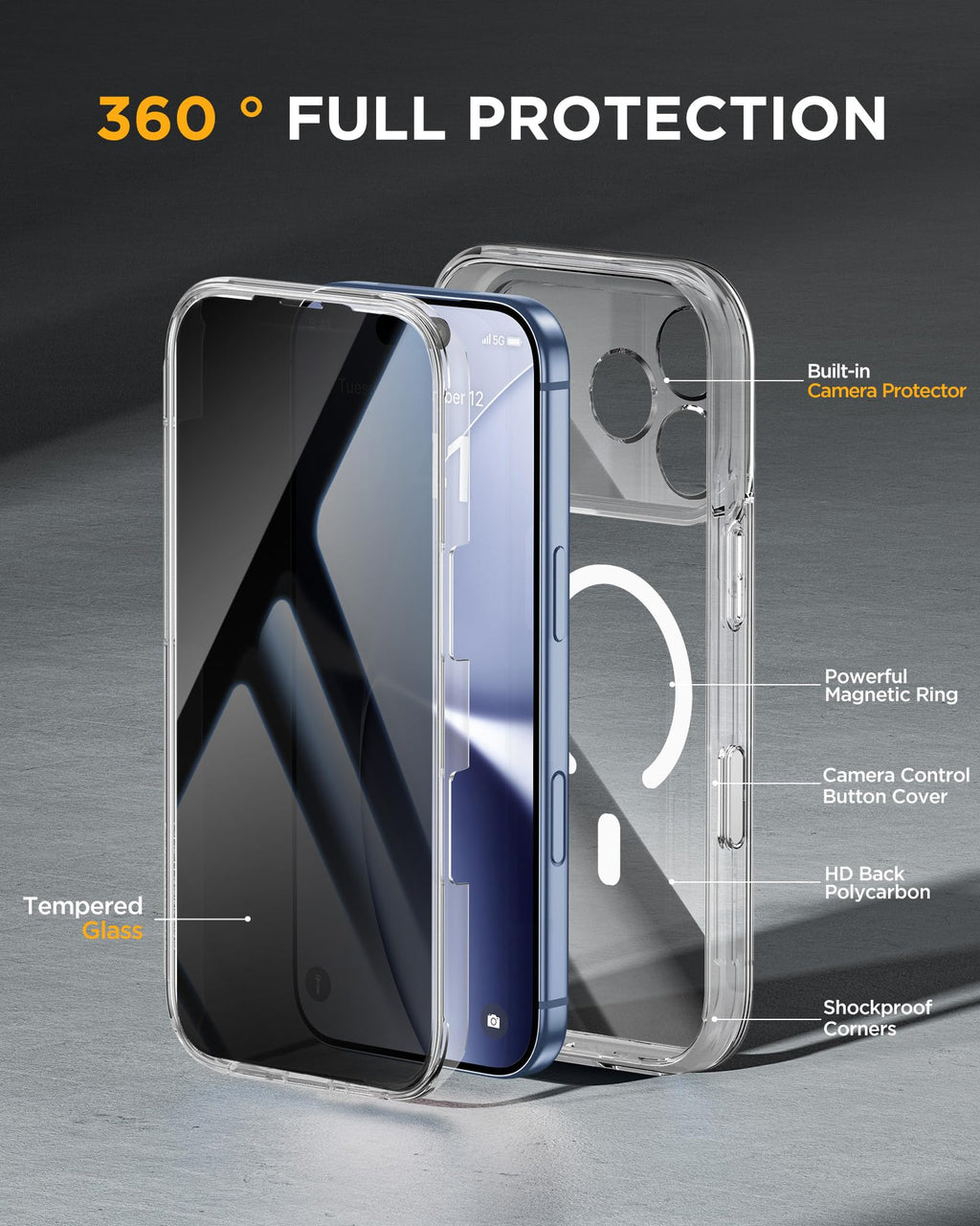 Miracase for iPhone 15 Pro Case 6.1'',with Private Screen Protector,Black