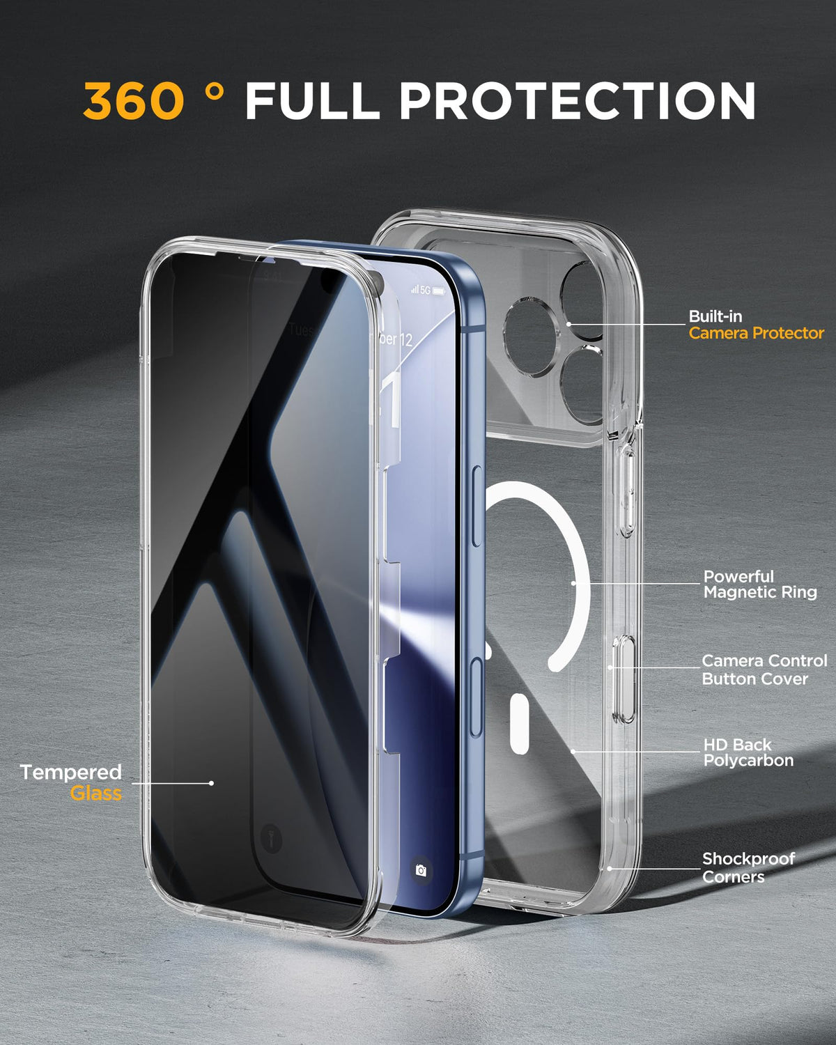 Miracase for iPhone 15 Pro Case 6.1'',with Private Screen Protector,Black