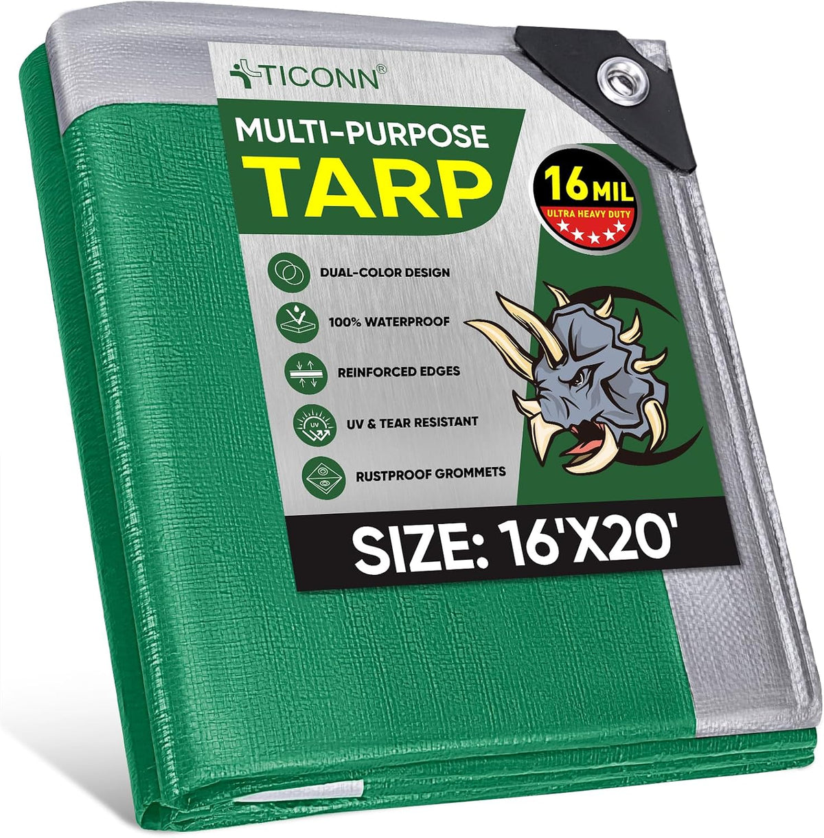 TICONN Heavy Duty Tarp Cover Waterproof, Extra Thick UV Resistant Tarpaulin