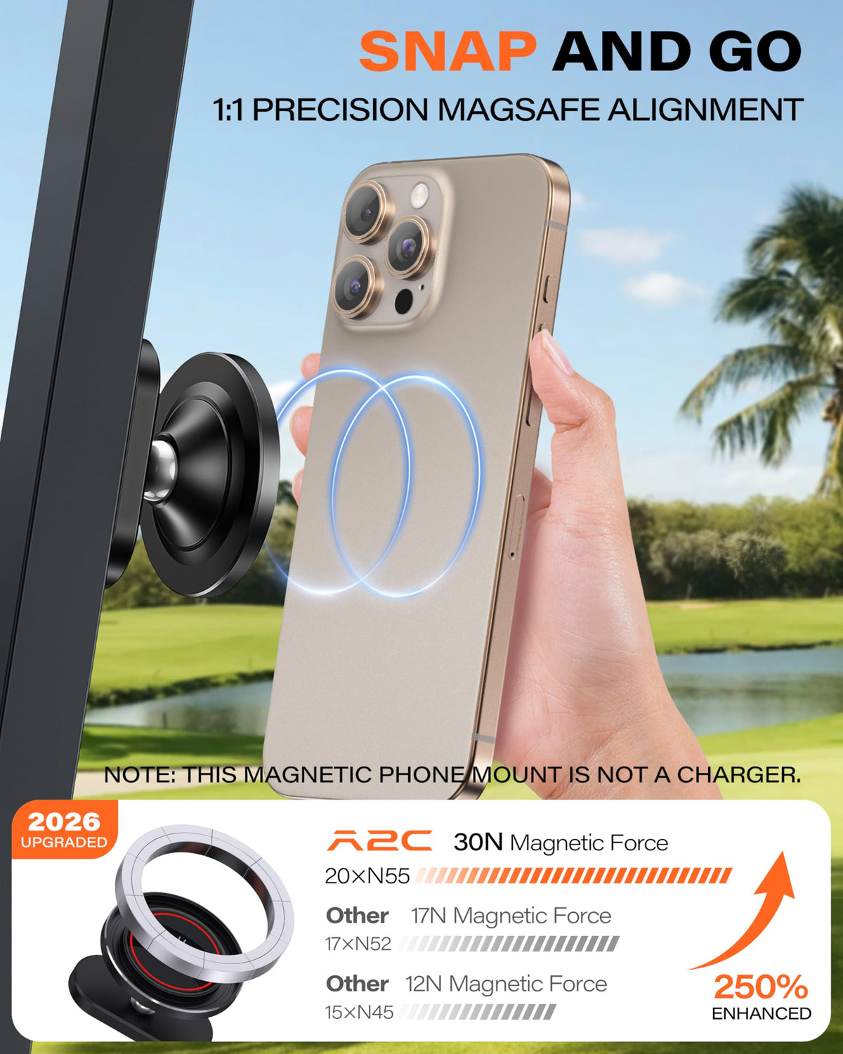 A2C Silver Alloy Magnetic Golf Cart Phone Holder Mount, Golf Accessories
