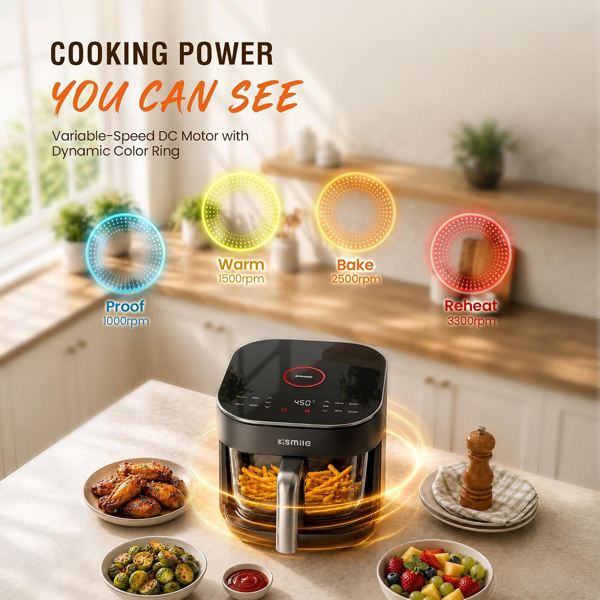 Kismile AeroLucen 5 QT Glass Air Fryer, No Preheat, 8-in-1, 450°F