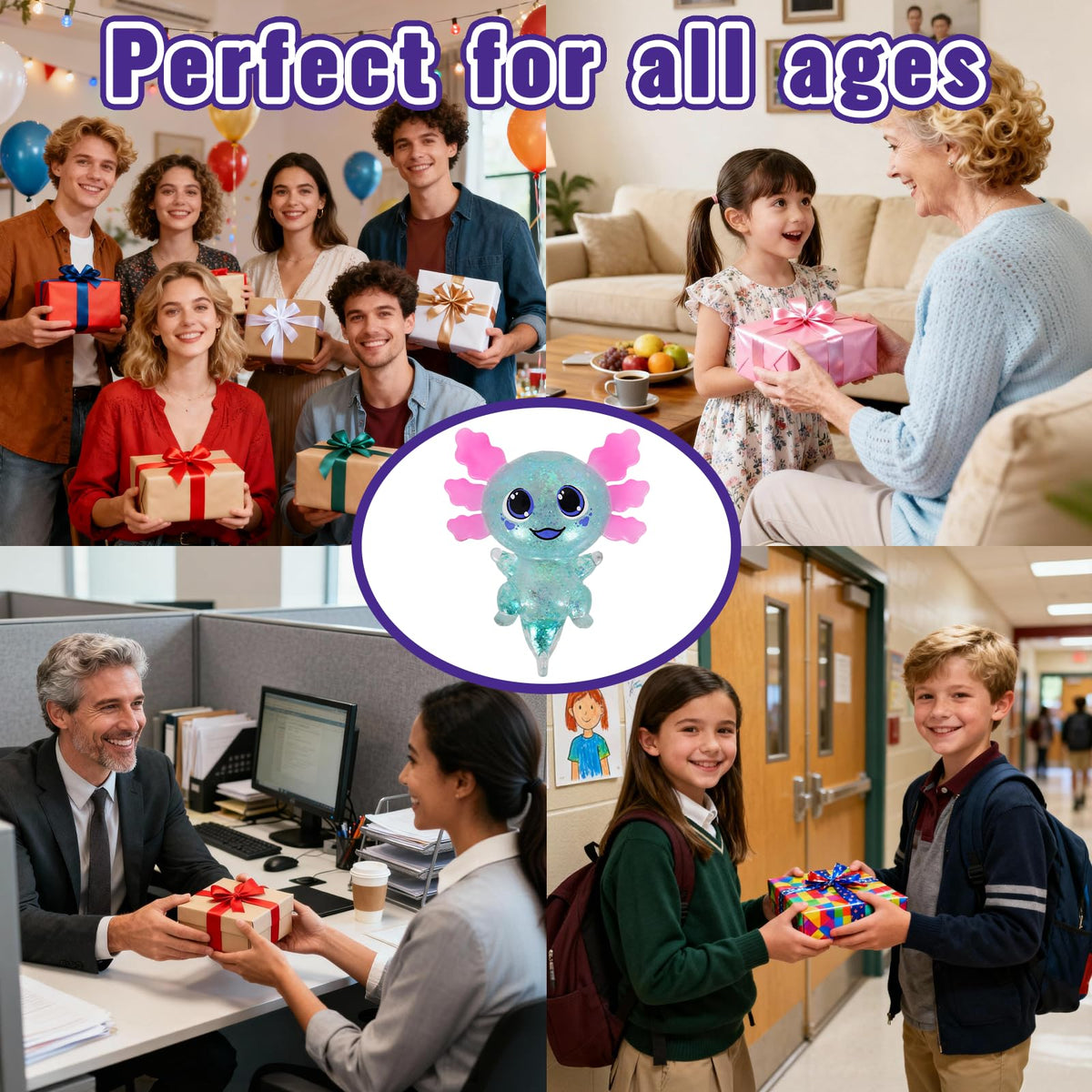 Axolotl Squishy Toy Squeeze Stress Relief Fidget Sensory Toy for Kids Adults, Cute Handheld Stress Ball for Anxiety and Focus, Purple Big Ears(Pink)