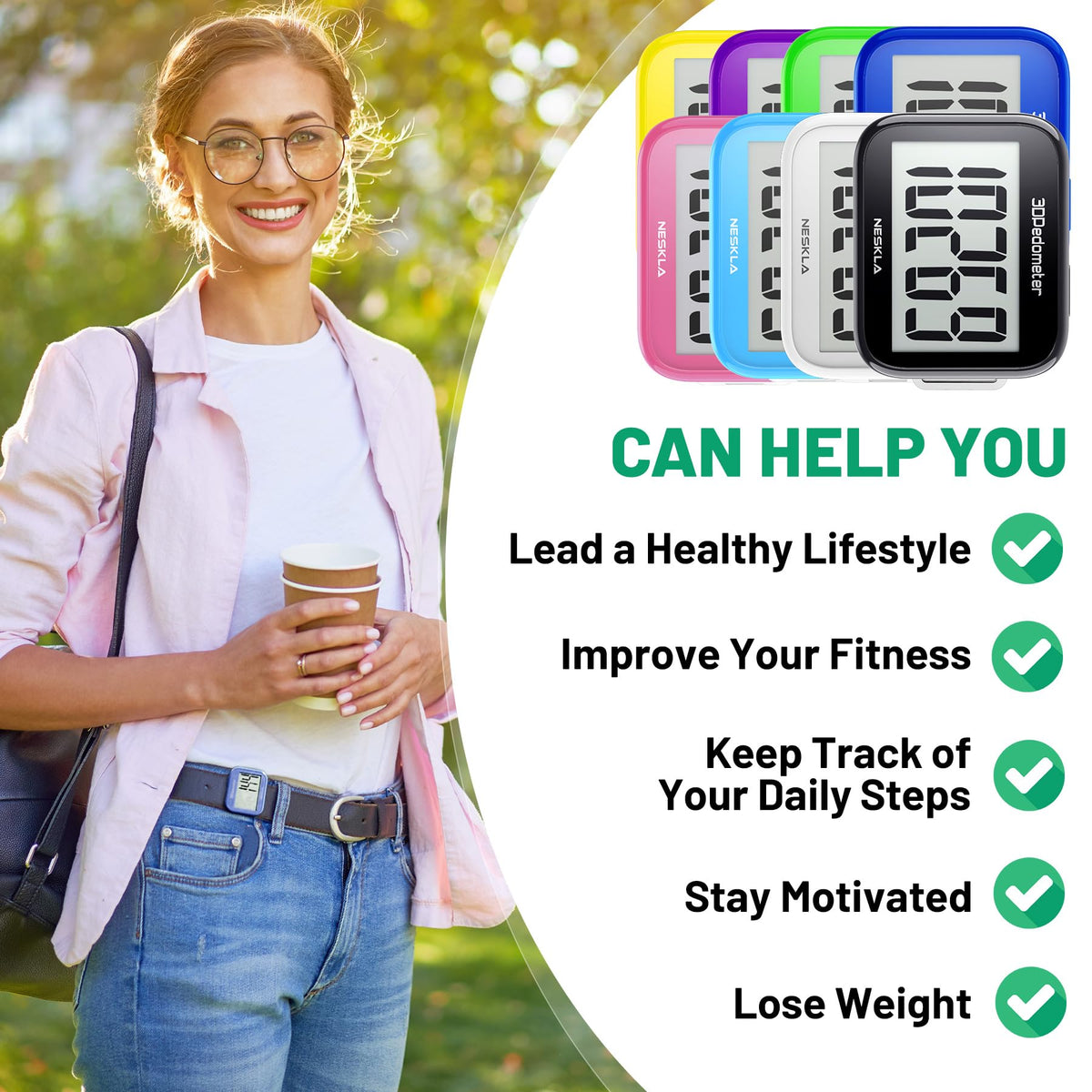 3D Pedometer, Simple Step Counter with Large LCD Display for Walking