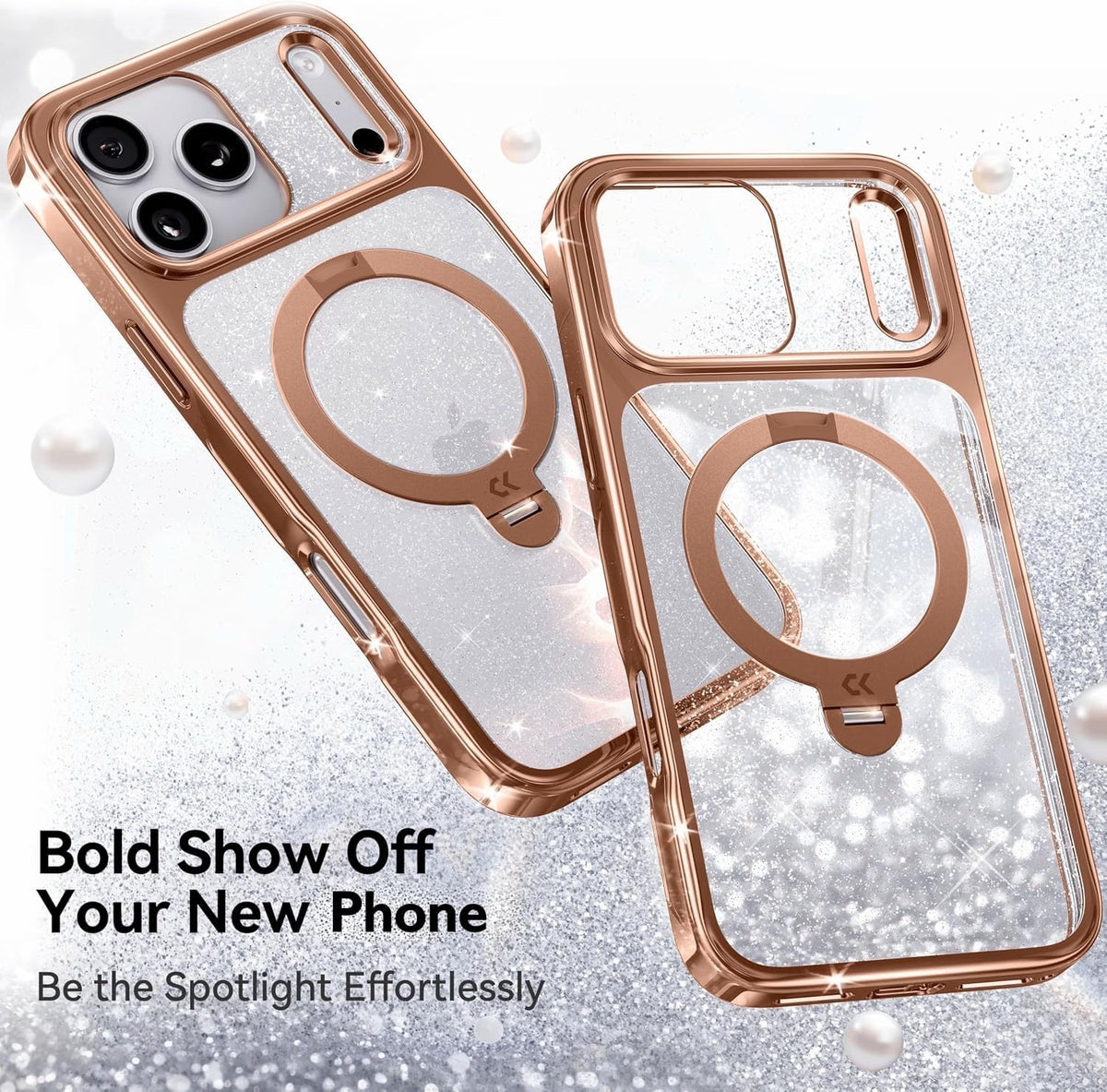 CASEKOO Glitter Clear for iPhone 18 Pro / 17 Pro Case, 360 Spin Stand