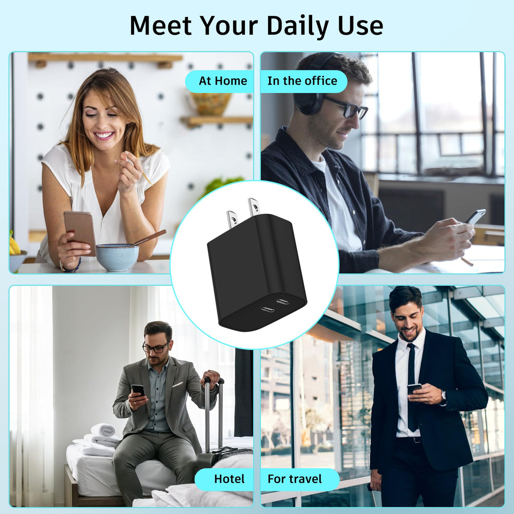 USB C Charger Block 3 Pack, Dual Port 20W Fast Wall Plug (Blue)