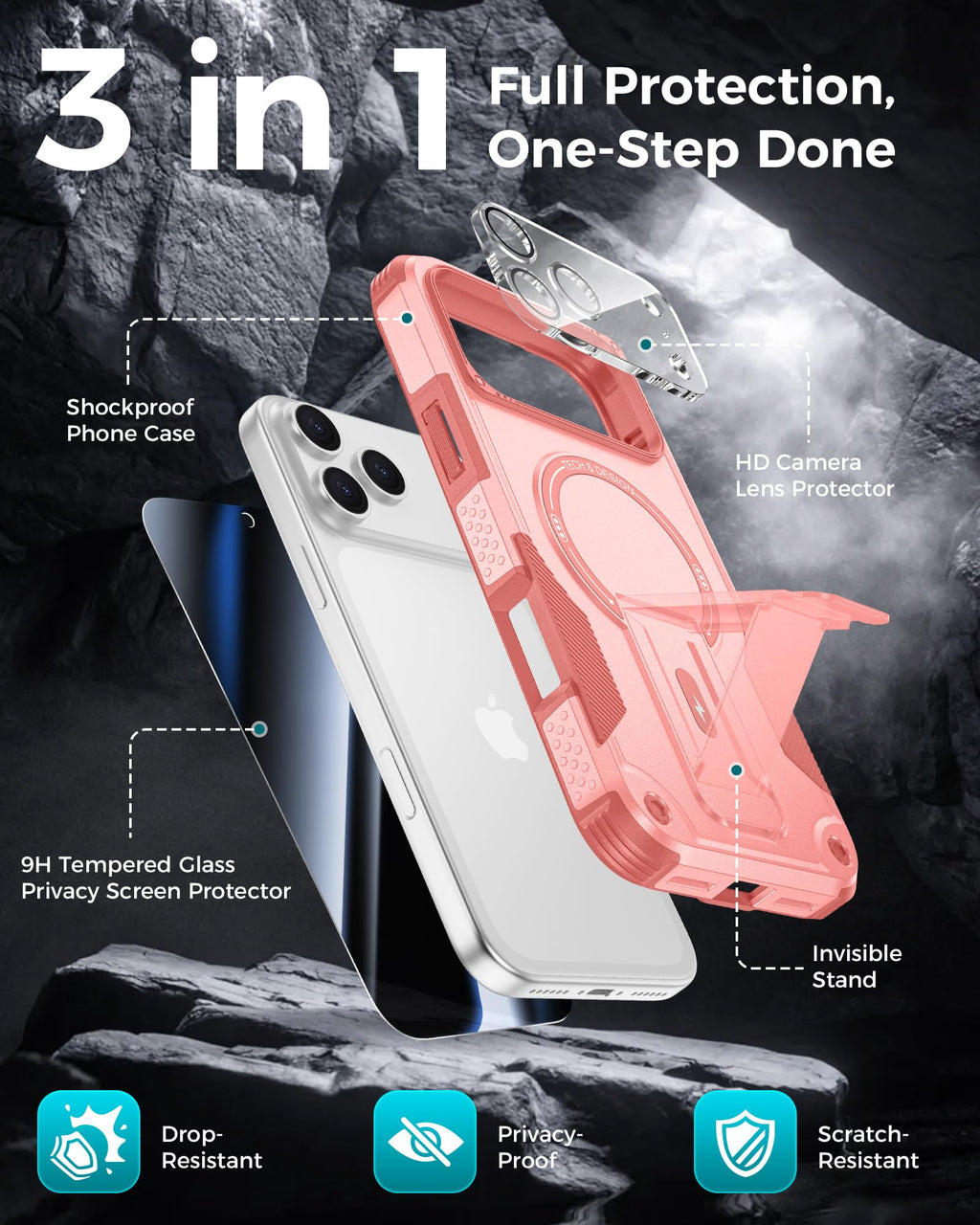 Goton 3 in 1 for iPhone 17 Pro Case with Privacy Screen Protector Blue