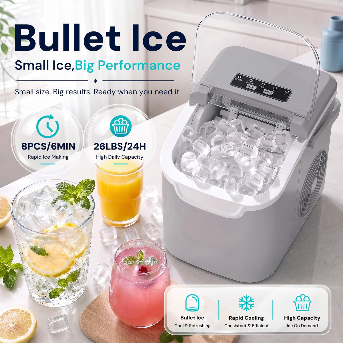 Kismile Countertop Ice Maker Machine, 26Lbs/Day Fastest 6‑Min Ice, Black