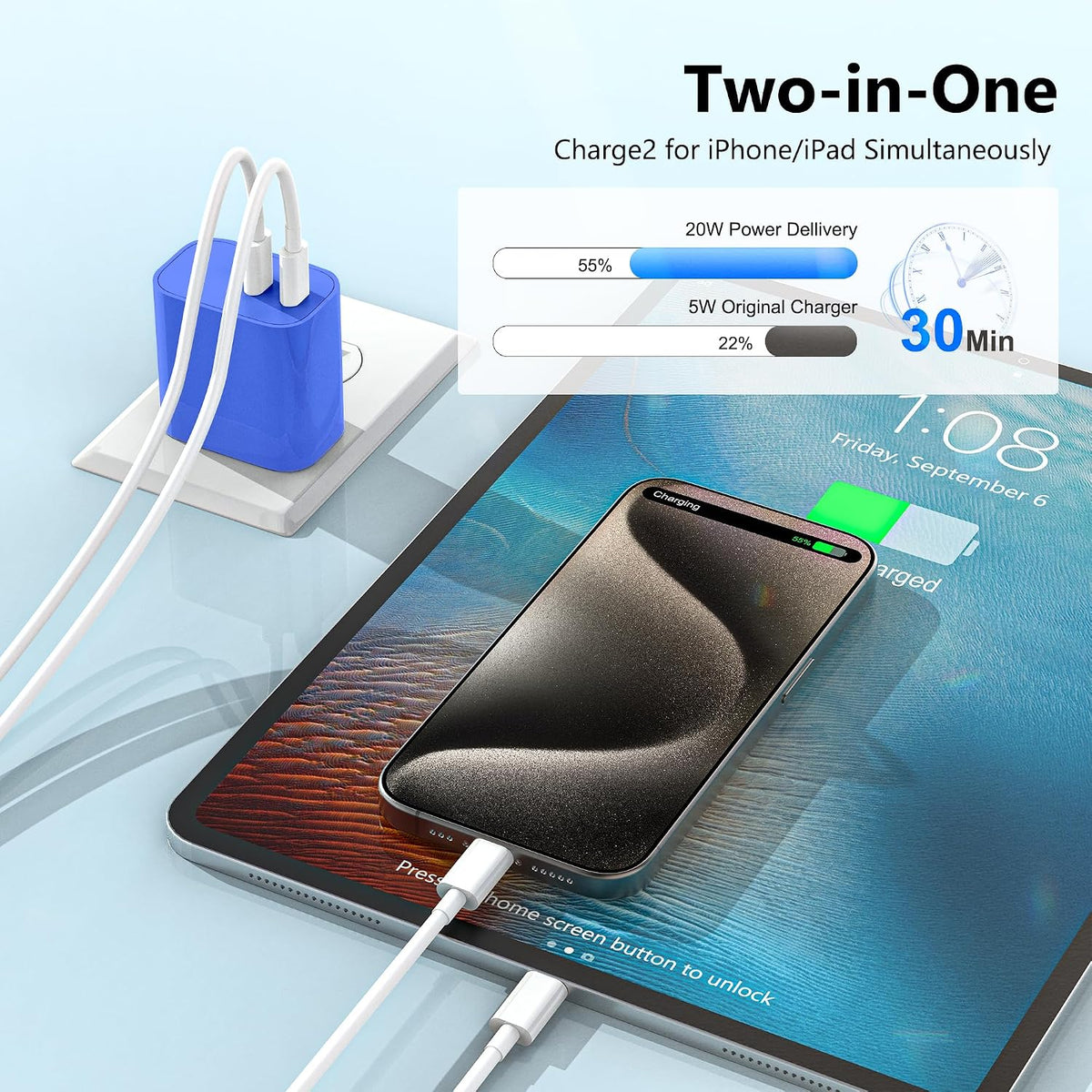 USB C Charger Block 3 Pack, Dual Port 20W Fast Wall Plug (Blue)