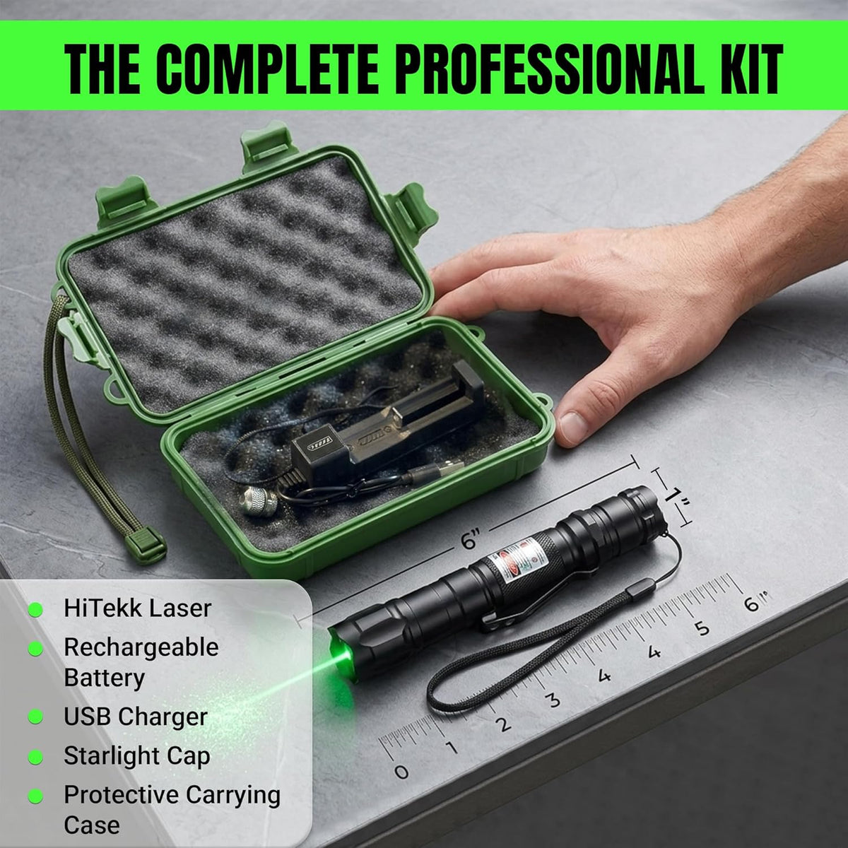 HITEKK High Power Green Laser Pointer | Tactical Long Range Green Laser Pointer | Single Press On/Off Tactical Lazer Pointer | Rechargeable Lazer Pointer and Carrying Case