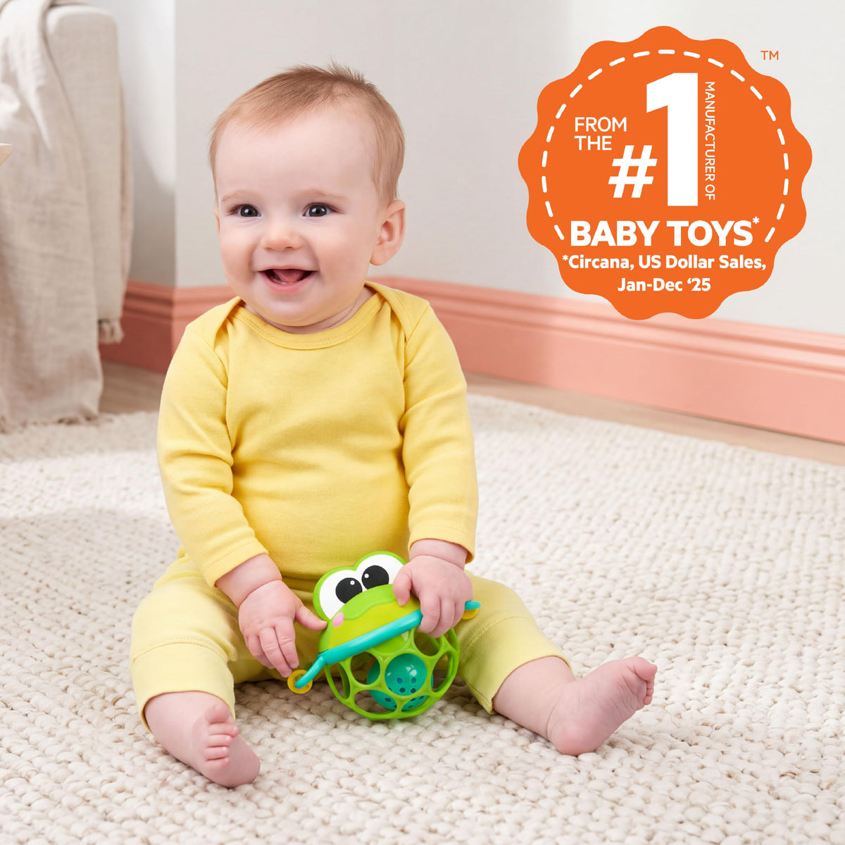 Bright Starts Oball Easy Grasp Classic Ball BPA-Free Infant Toy in Red, Yellow, Green, Blue, Age Newborn and up, 4 Inches