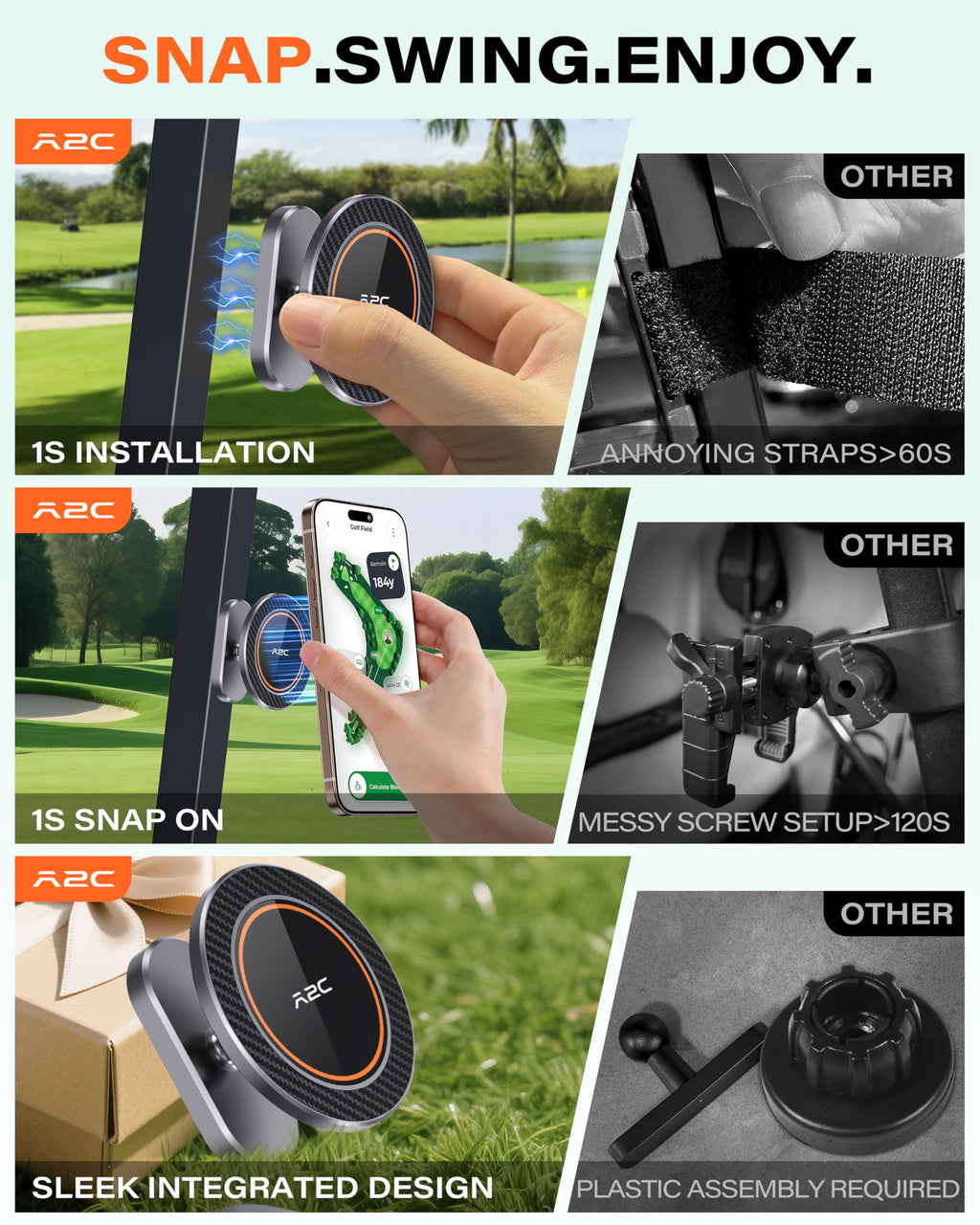 A2C Silver Alloy Magnetic Golf Cart Phone Holder Mount, Golf Accessories