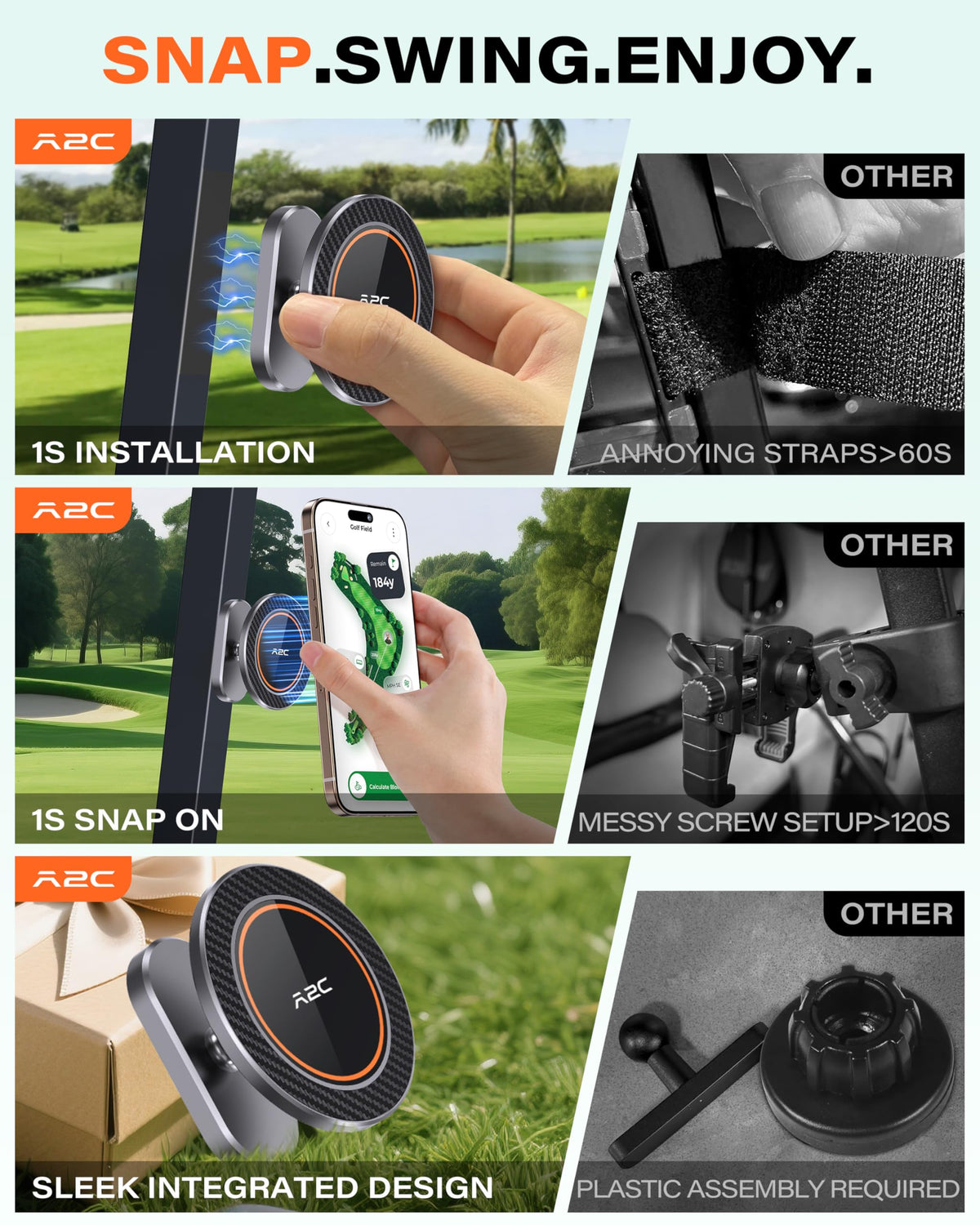 A2C Silver Alloy Magnetic Golf Cart Phone Holder Mount, Golf Accessories