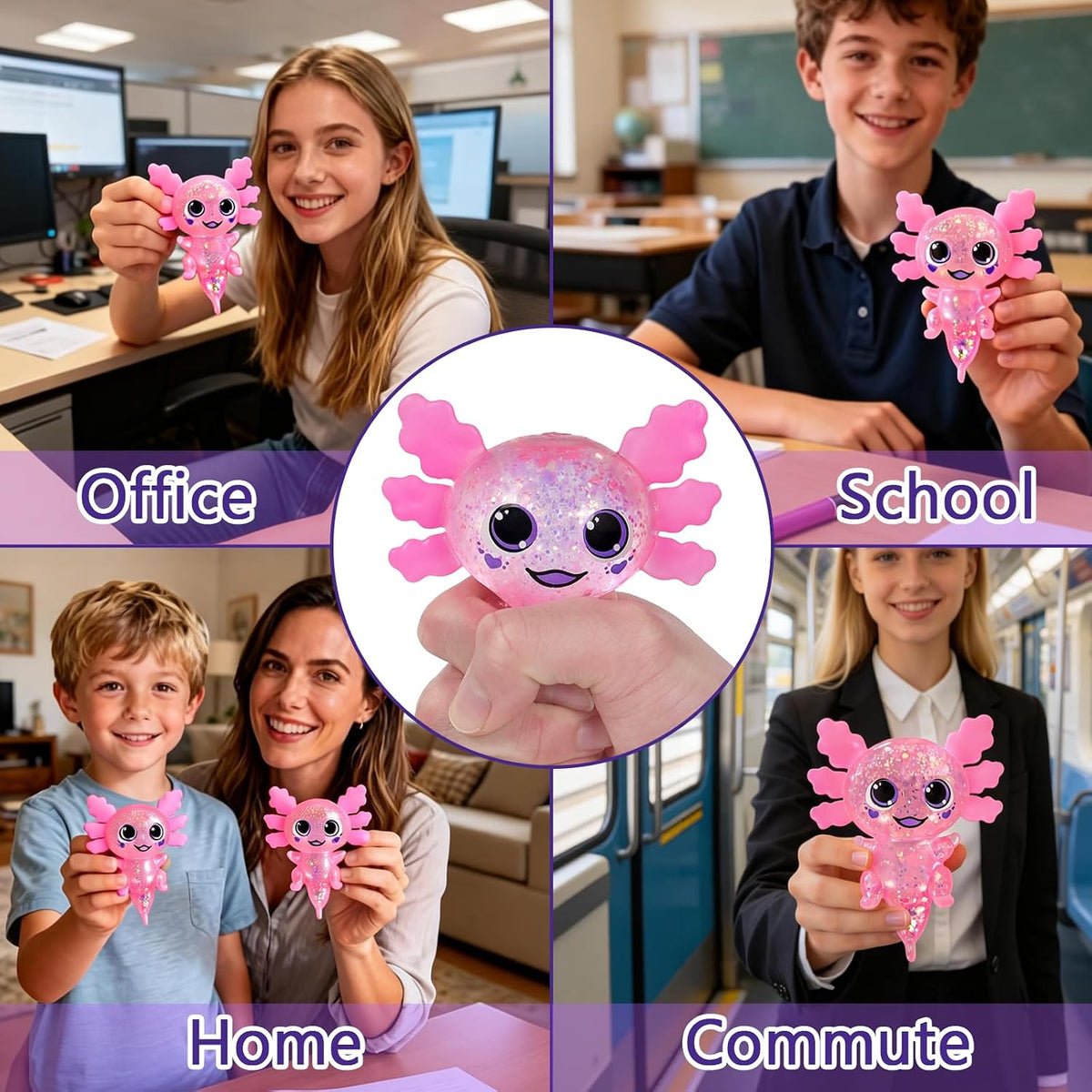 Axolotl Squishy Toy Squeeze Stress Relief Fidget Sensory Toy for Kids Adults, Cute Handheld Stress Ball for Anxiety and Focus, Purple Big Ears(Pink)