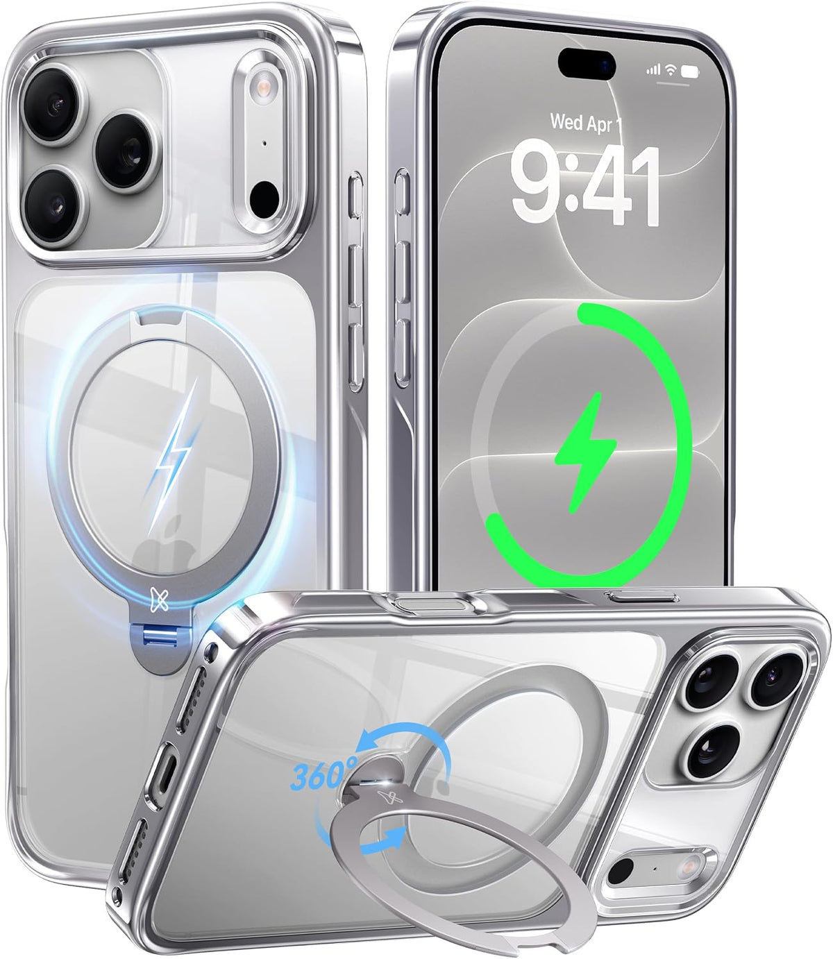 CASEKOO Glitter Clear for iPhone 18 Pro / 17 Pro Case, 360 Spin Stand