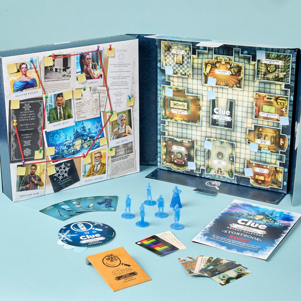 Clue Advent Calendar: Secrets Under Snowfall | 24 Days | Family Mystery Games | with 6 Winter-Themed Tokens and Surprise | Ages 10+ | 1+ Players