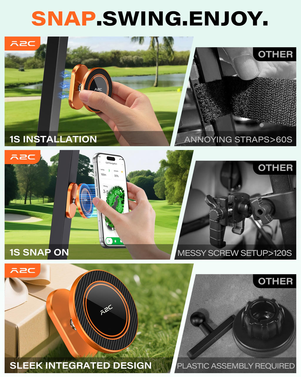 A2C Silver Alloy Magnetic Golf Cart Phone Holder Mount, Golf Accessories