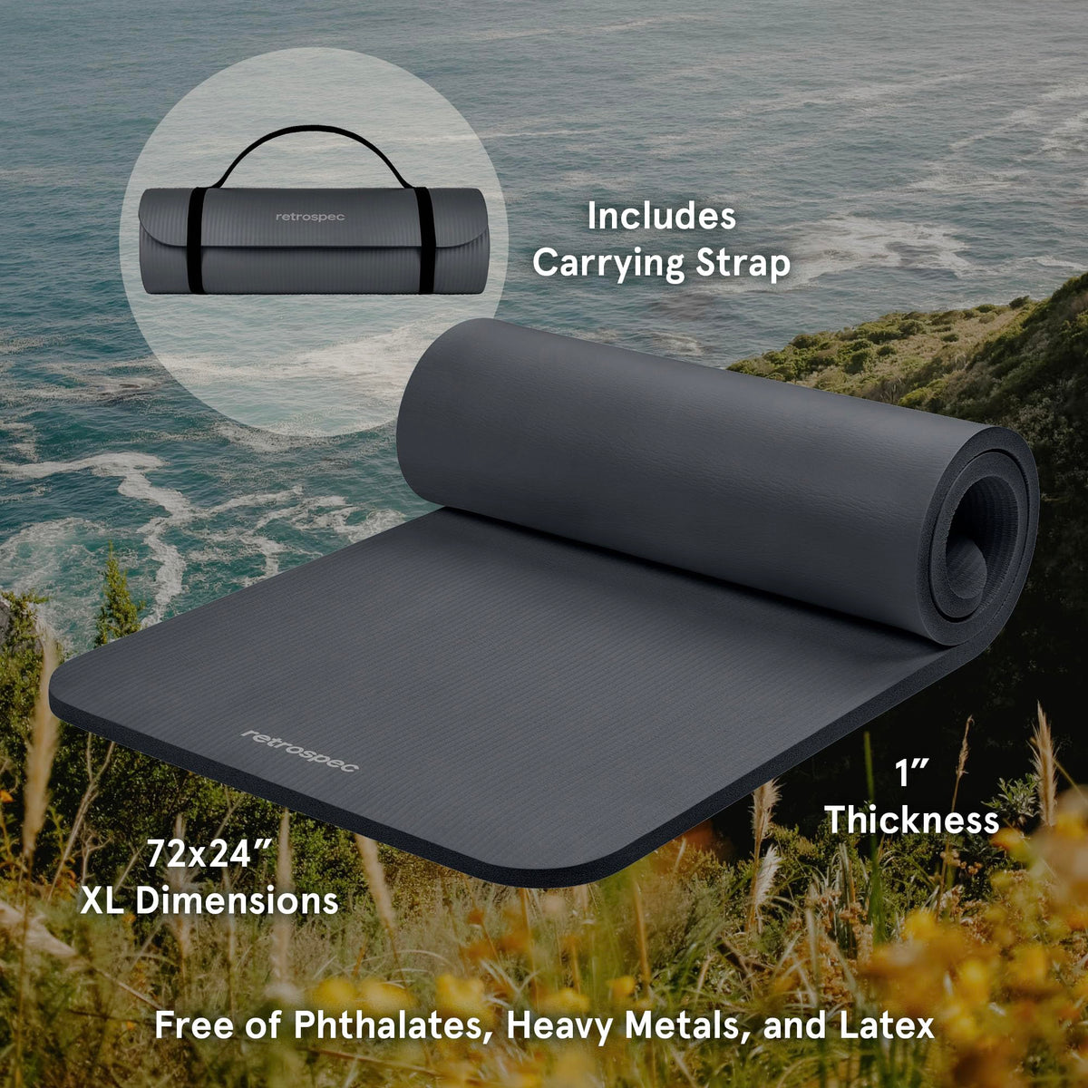 Retrospec Solana Yoga Mat 1" Thick w/Nylon Strap for Men & Women - Non Slip Exercise Mat for Home Yoga, Pilates, Stretching, Floor & Fitness Workouts