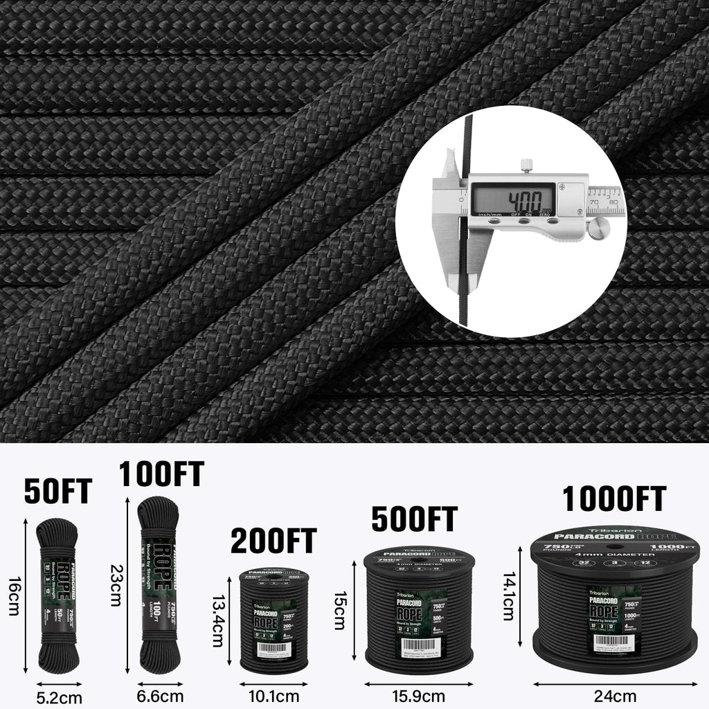 Paracord Rope 750 lb - 50ft 5/32" Parachute Cord 4MM 12-Strand para Cord - Heavy Duty Spool String for Survival,Camping Gear, Survival Bracelet, Clothesline - Black