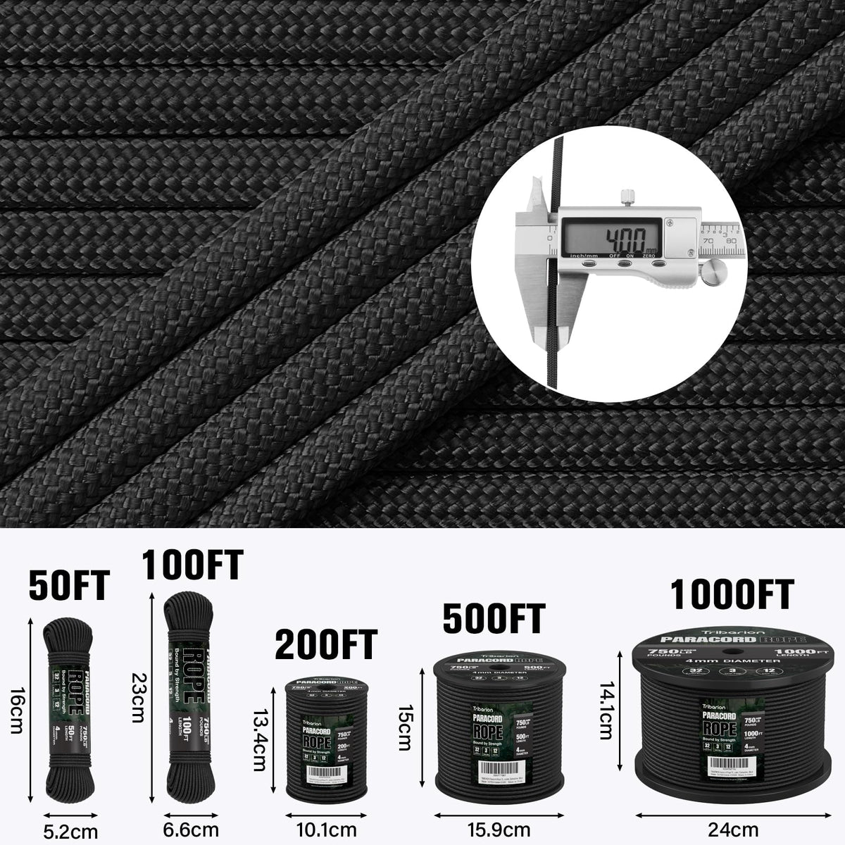 Paracord Rope 750 lb - 50ft 5/32" Parachute Cord 4MM 12-Strand para Cord - Heavy Duty Spool String for Survival,Camping Gear, Survival Bracelet, Clothesline - Black