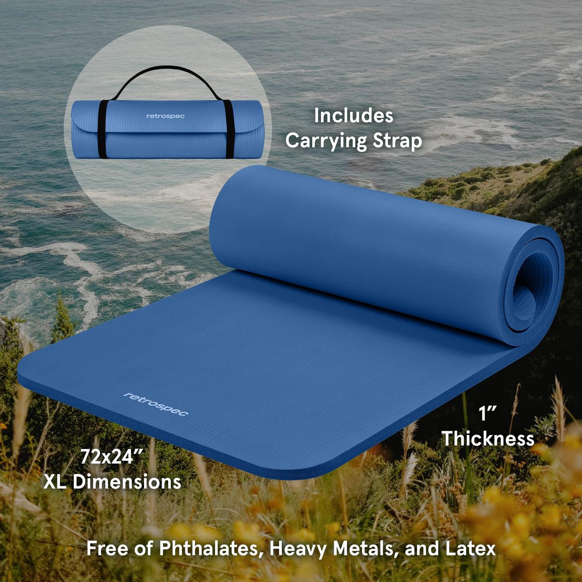 Retrospec Solana Yoga Mat 1" Thick w/Nylon Strap for Men & Women - Non Slip Exercise Mat for Home Yoga, Pilates, Stretching, Floor & Fitness Workouts