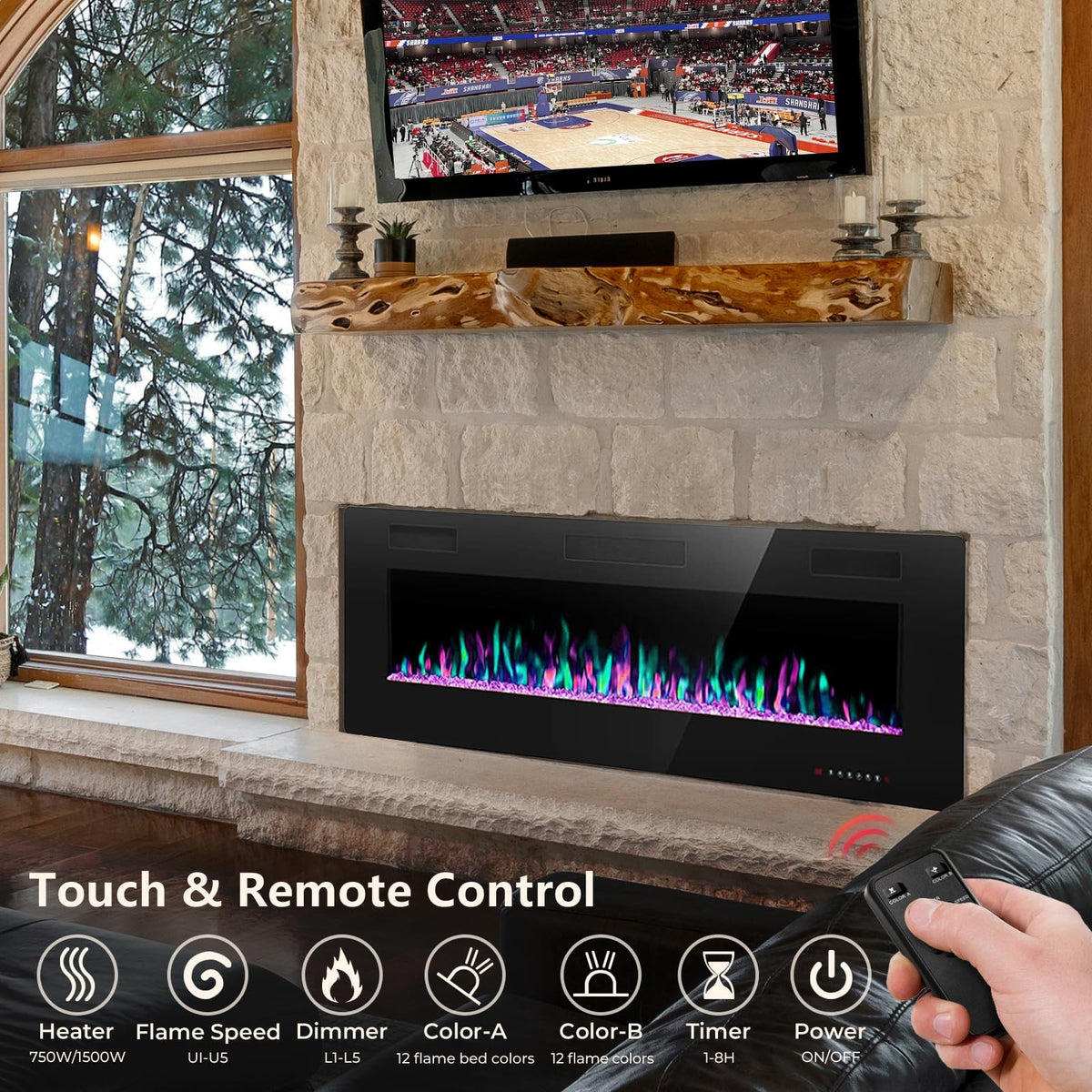 Crzoe 42 Inch Electric Fireplace Insert, in-Wall Recessed and Wall Mounted Heater with Timer, Control by Touch Panel and Remote, Adjustable Flame Color and Speed, 750W/1500W