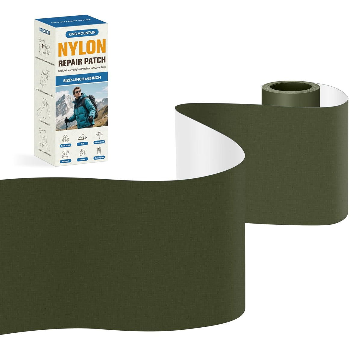 KING MOUNTAIN Self Adhesive Nylon Fabric Repair Tape, 4×63 Inches, Quick Down Jacket Repair Patch, Waterproof Outdoor Gear Patch Kit for Tent,Backpacks,Umbrella, Gloves, Sleeping Bag (Army Green)