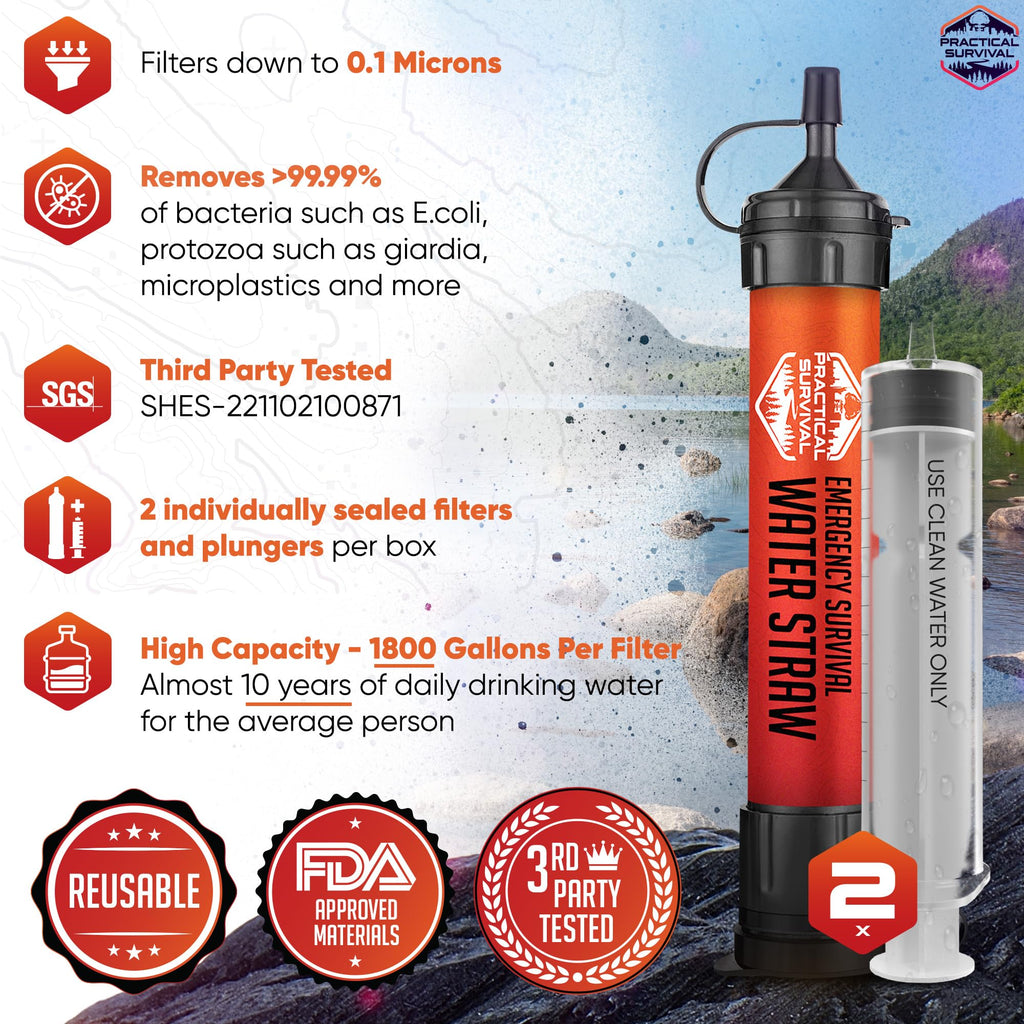 Practical Survival Reusable Emergency Water Filter Straws, 5-Pack
