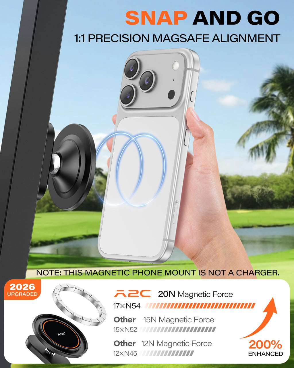 A2C Silver Alloy Magnetic Golf Cart Phone Holder Mount, Golf Accessories