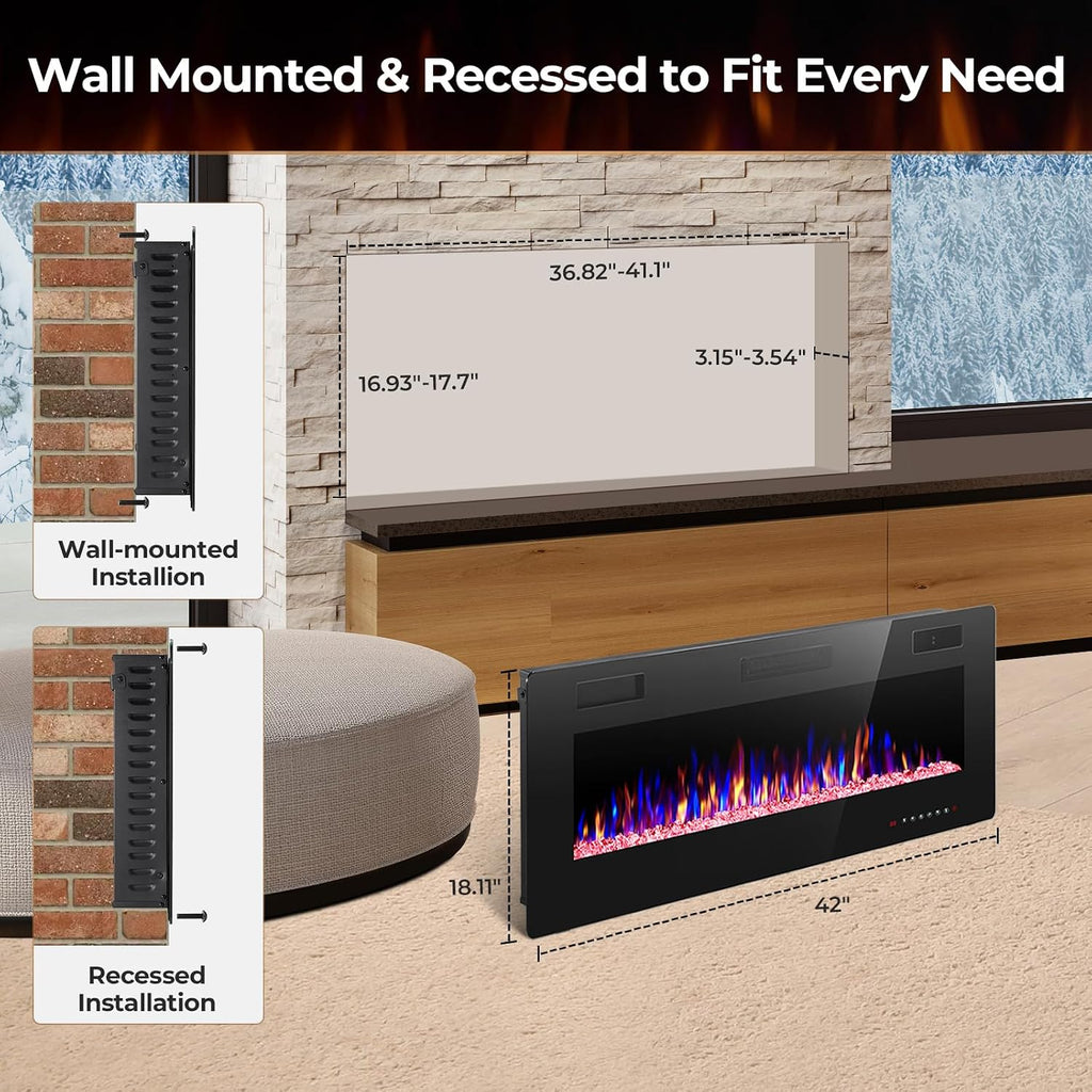 Crzoe 42 Inch Electric Fireplace Insert, in-Wall Recessed and Wall Mounted Heater with Timer, Control by Touch Panel and Remote, Adjustable Flame Color and Speed, 750W/1500W