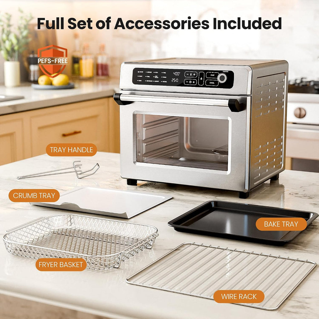 Kismile 25QT Air Fryer Toaster Oven Combo, 12-in-1 Large Countertop Convection Airfryer Oven, 70–450℉, Bake, Roast, Reheat, Broil, Fits 12″ Pizza, Includes Full Accessories, Stainless Steel(Silver)