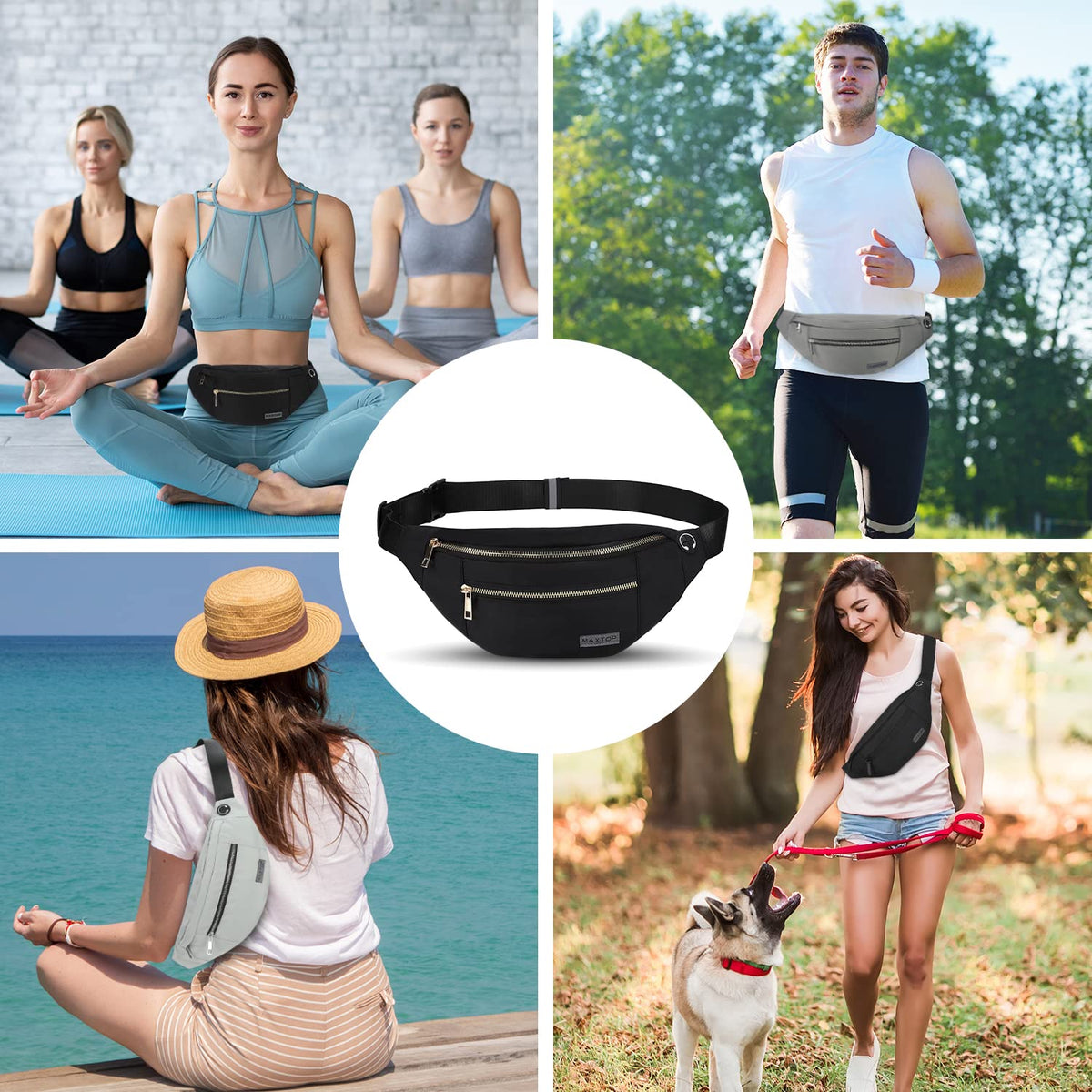 MAXTOP Large Fanny Pack for Women Men Crossbody Bag with 4-Zipper Pockets