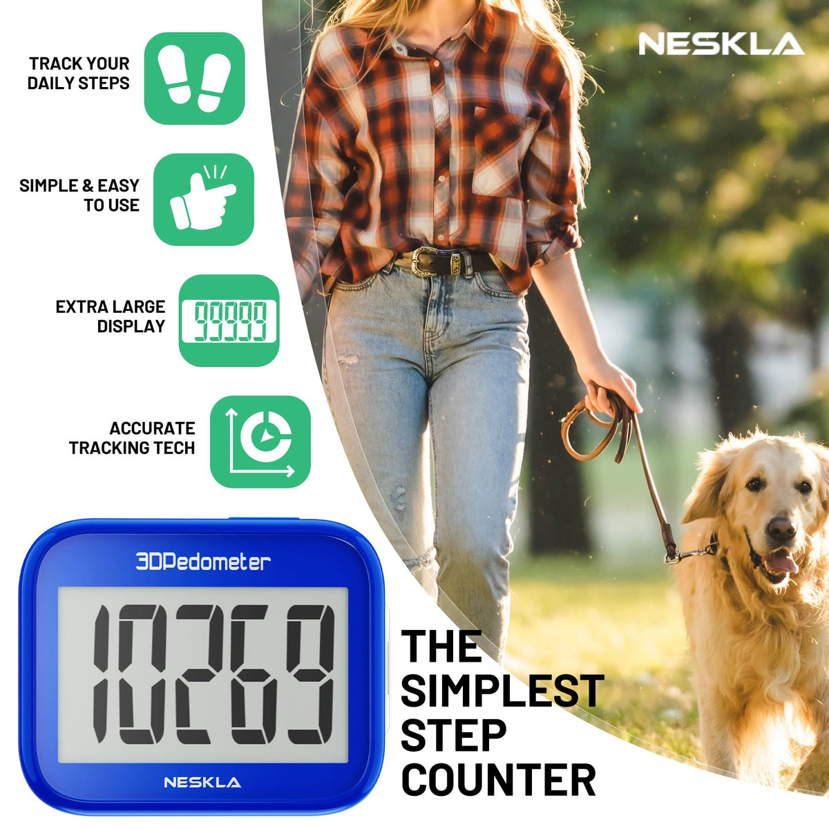 3D Pedometer, Simple Step Counter with Large LCD Display for Walking