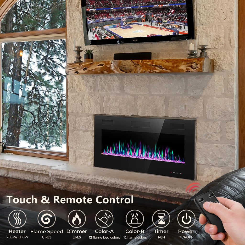 Crzoe 42 Inch Electric Fireplace Insert, in-Wall Recessed and Wall Mounted Heater with Timer, Control by Touch Panel and Remote, Adjustable Flame Color and Speed, 750W/1500W