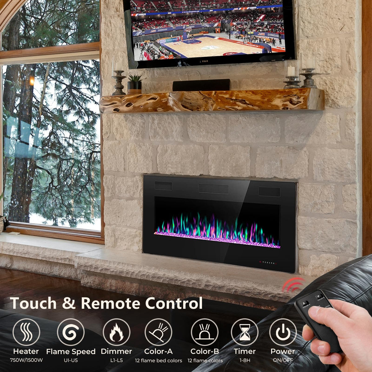 Crzoe 42 Inch Electric Fireplace Insert, in-Wall Recessed and Wall Mounted Heater with Timer, Control by Touch Panel and Remote, Adjustable Flame Color and Speed, 750W/1500W