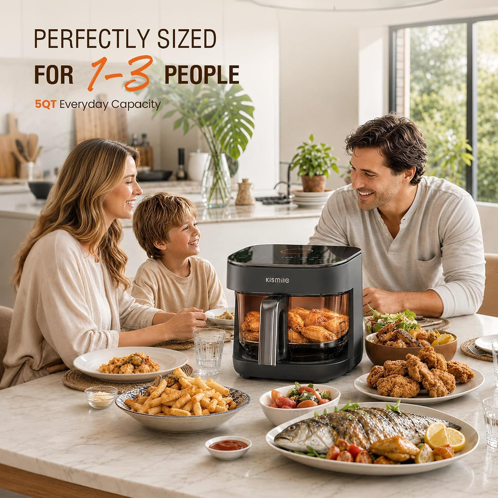 Kismile AeroLucen 5 QT Glass Air Fryer, No Preheat, 8-in-1, 450°F