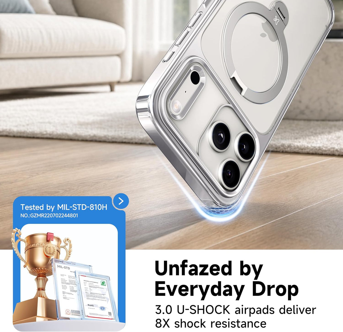CASEKOO Glitter Clear for iPhone 18 Pro / 17 Pro Case, 360 Spin Stand