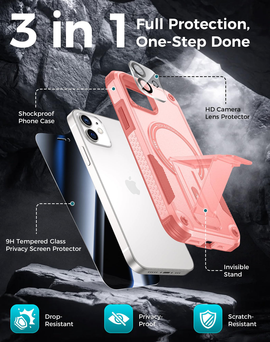 Goton 3 in 1 for iPhone 17 Pro Case with Privacy Screen Protector Blue