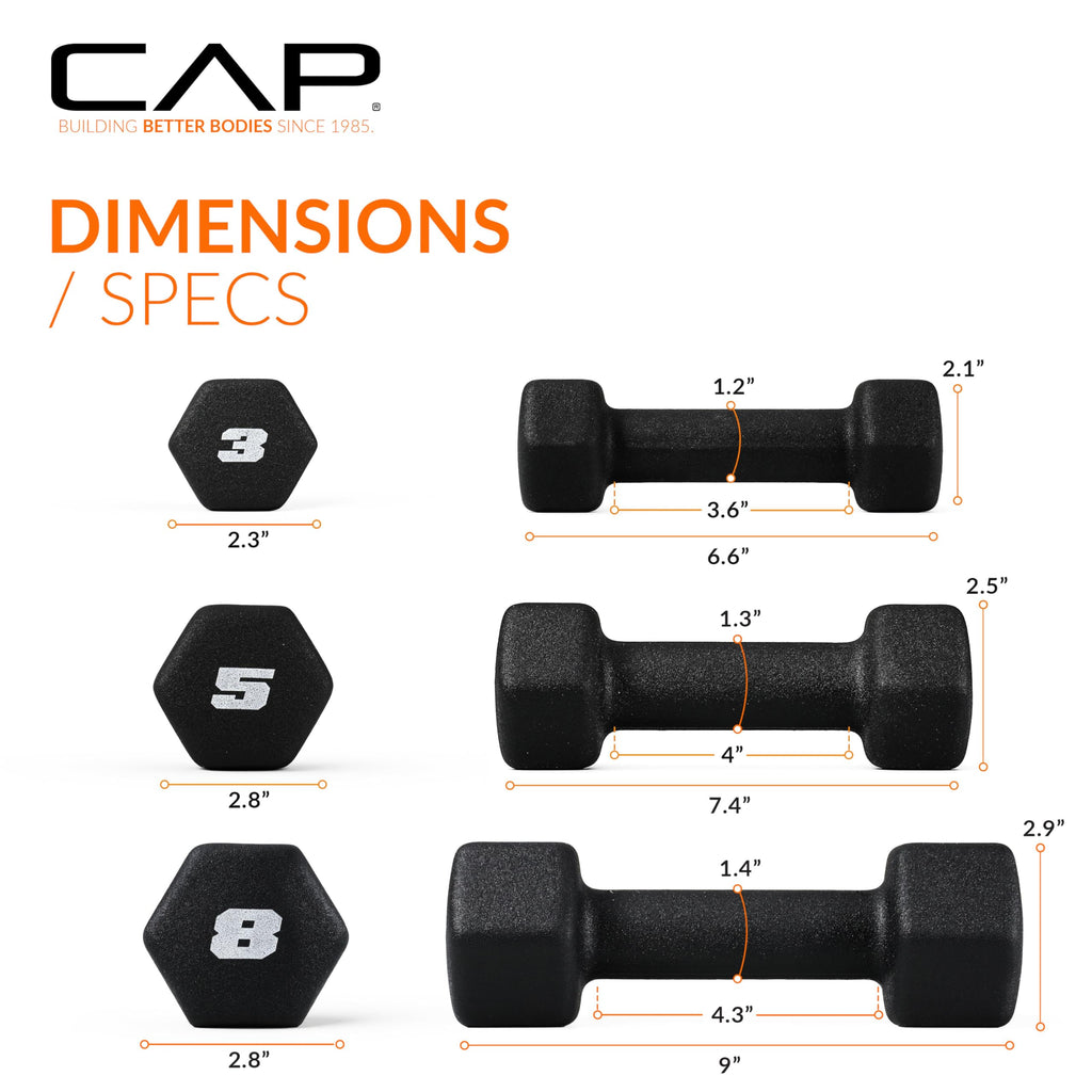 CAP Neoprene Dumbbell Pairs & Sets, Non-Slip Grip, Hex Design