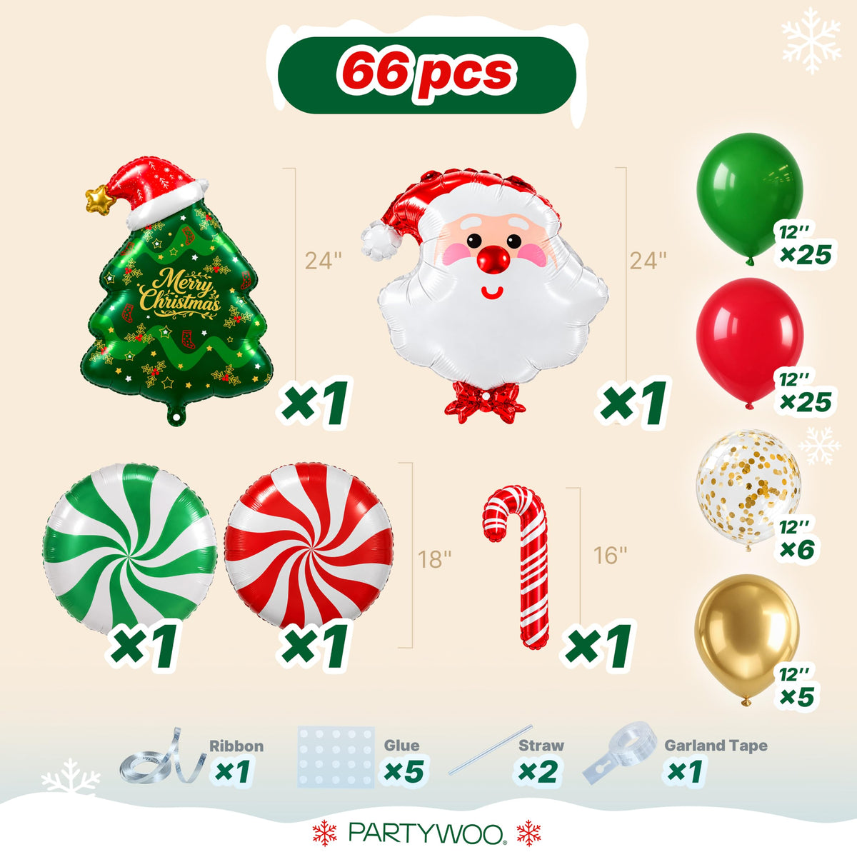 PartyWoo Christmas Balloons 66pcs Santa Xmas Tree Candy Cane Foil Balloons
