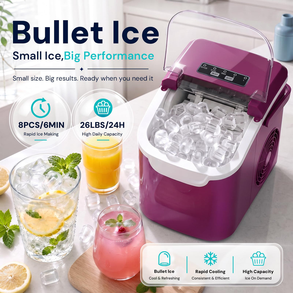 Kismile Countertop Ice Maker Machine, 26Lbs/Day Fastest 6‑Min Ice, Black