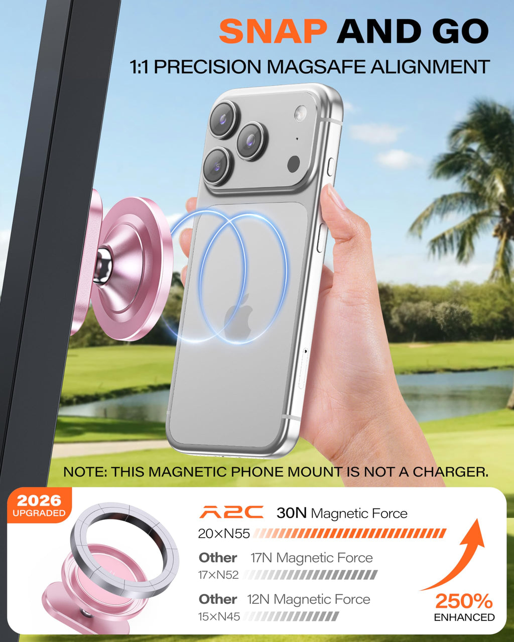 A2C Silver Alloy Magnetic Golf Cart Phone Holder Mount, Golf Accessories