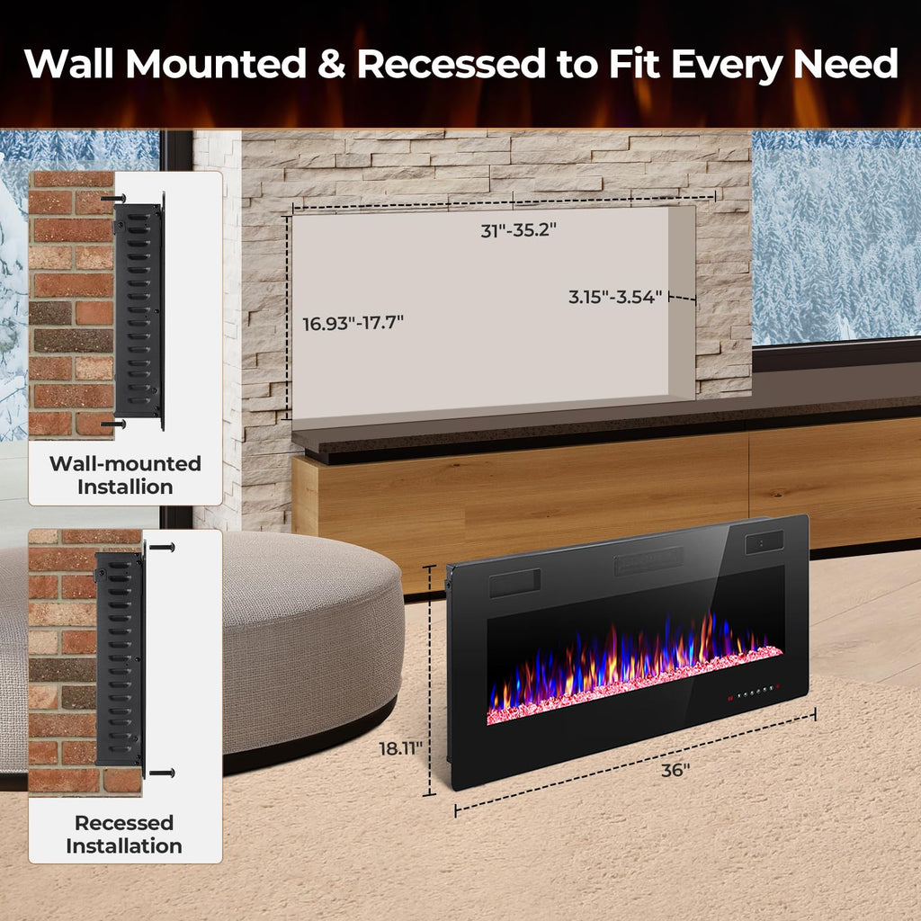 Crzoe 42 Inch Electric Fireplace Insert, in-Wall Recessed and Wall Mounted Heater with Timer, Control by Touch Panel and Remote, Adjustable Flame Color and Speed, 750W/1500W